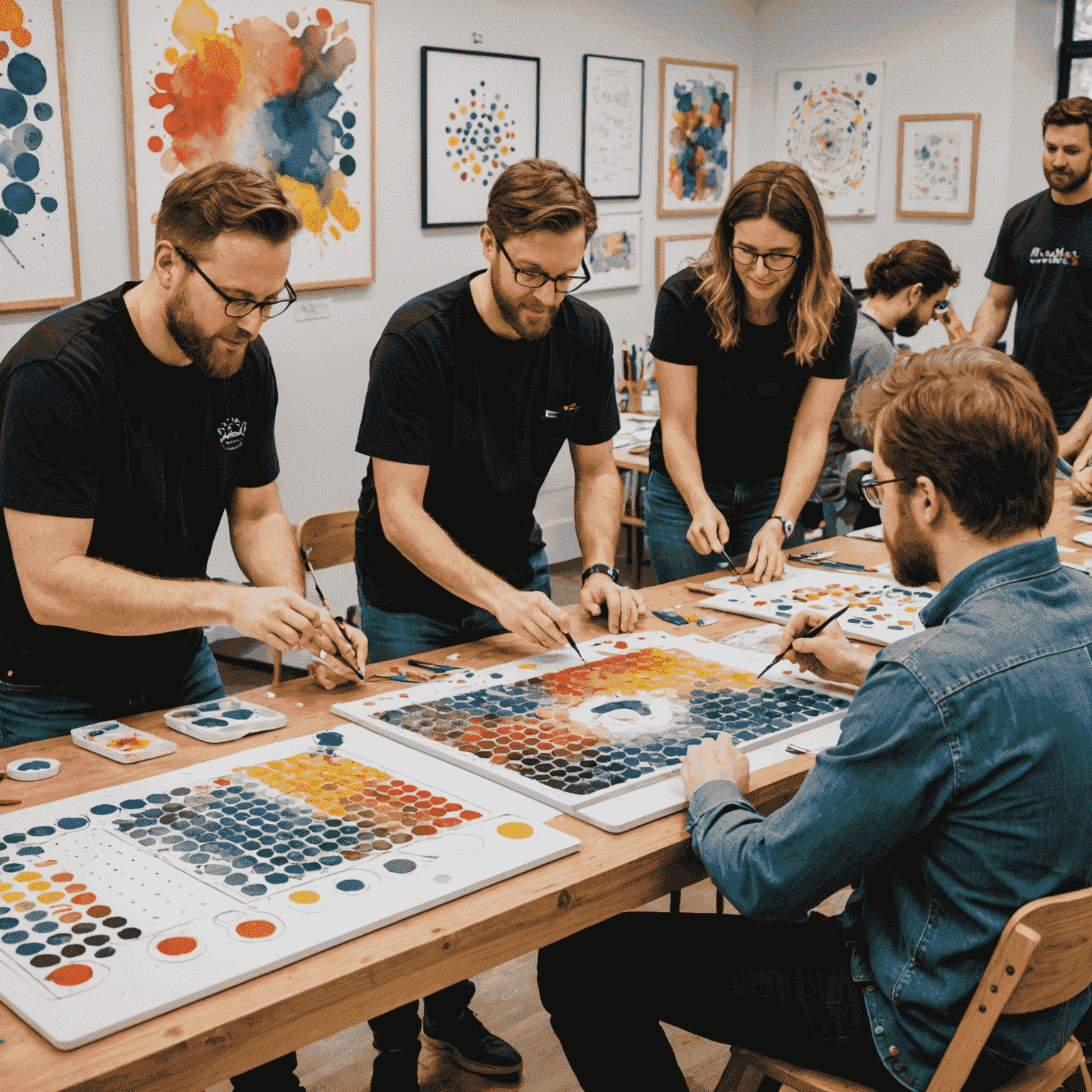 Imagen del equipo de Blinxit trabajando en el diseño de Watercolor Plinko. Se ve un grupo diverso de artistas y diseñadores alrededor de una mesa, pintando y discutiendo sobre un tablero de juego colorido. El ambiente es creativo y colaborativo, con pinceles, acuarelas y prototipos de juegos visibles.