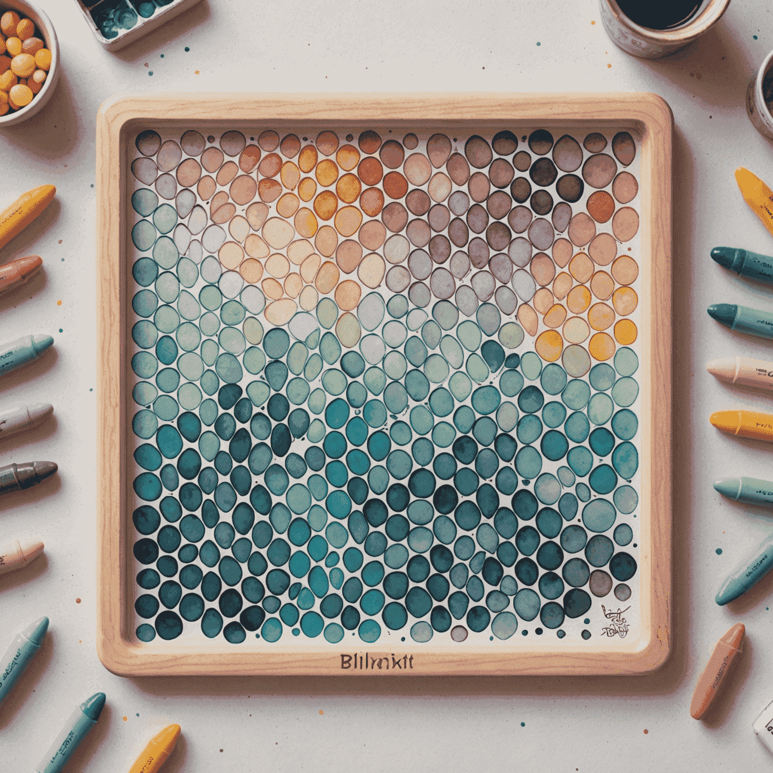 Tablero de Blinxit con diseño de acuarela, mostrando un patrón intrincado de colores pastel fluyendo a través de los pines del juego