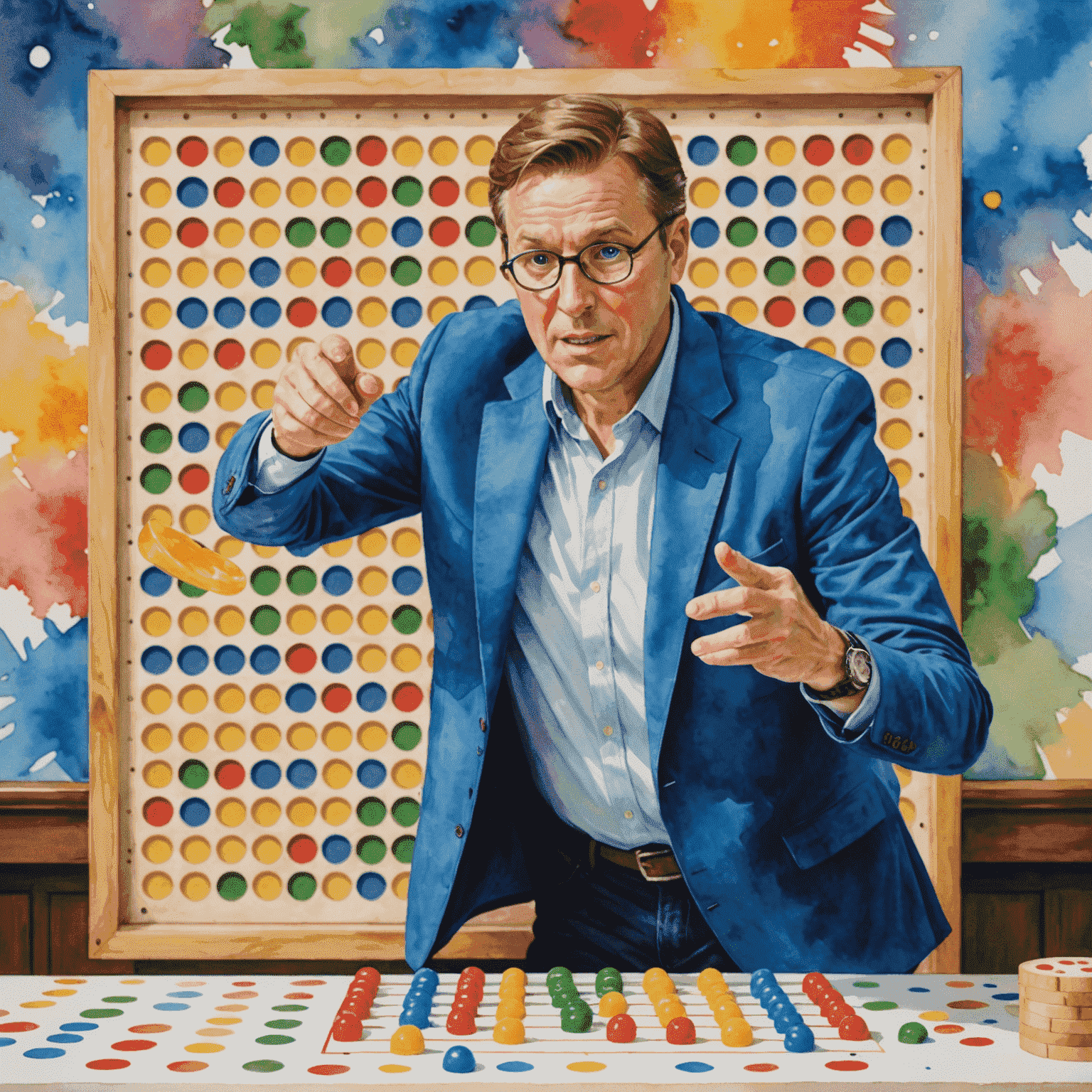 Jugador experto demostrando técnicas avanzadas de lanzamiento de fichas en Watercolor Plinko, con patrones de acuarela vibrantes en el fondo