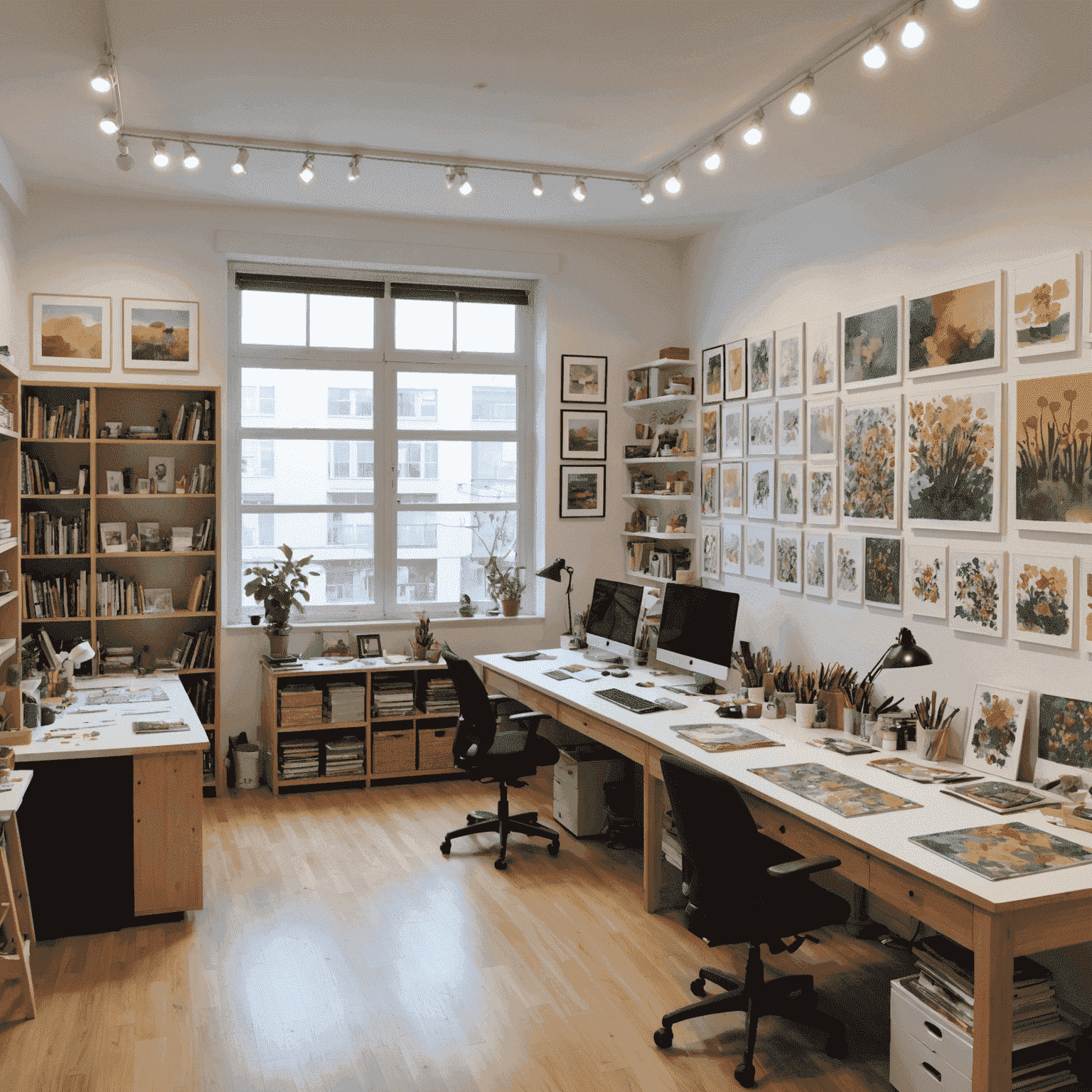 Vista panorámica de nuestro estudio español de Blinxit, mostrando un espacio abierto y luminoso con mesas de trabajo, estanterías llenas de materiales de arte y prototipos de juegos, y un gran mural de acuarela en la pared principal