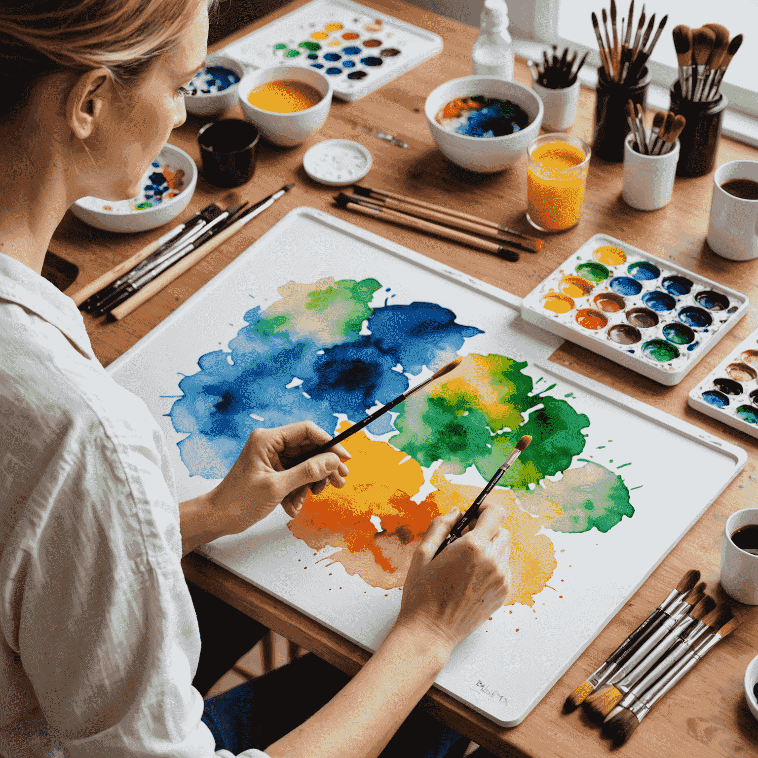 Artista aplicando acuarela al tablero de Blinxit, con pinceles y paleta de colores visible