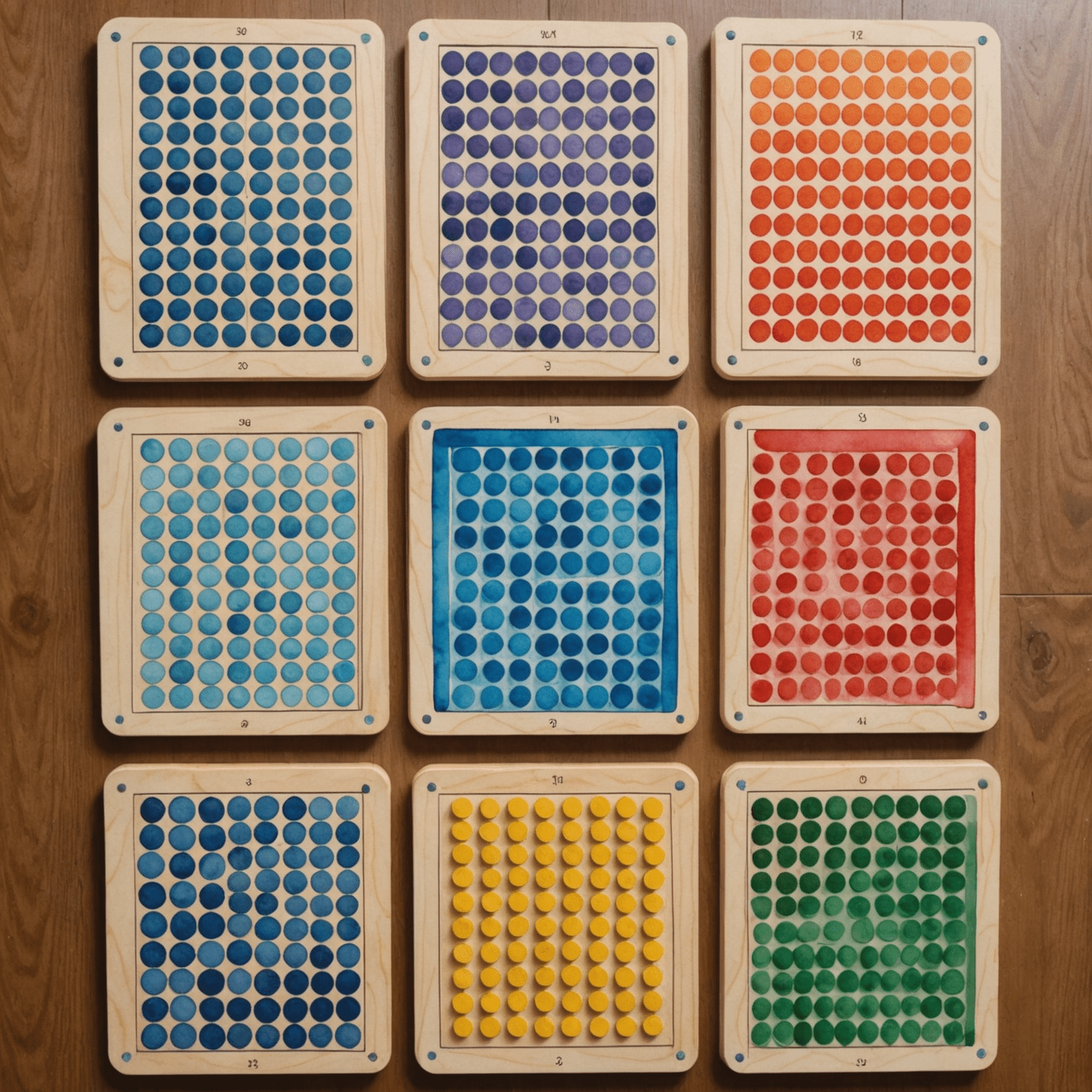 Collage de diferentes patrones de acuarela en tableros de Watercolor Plinko, mostrando cómo afectan la trayectoria de las fichas