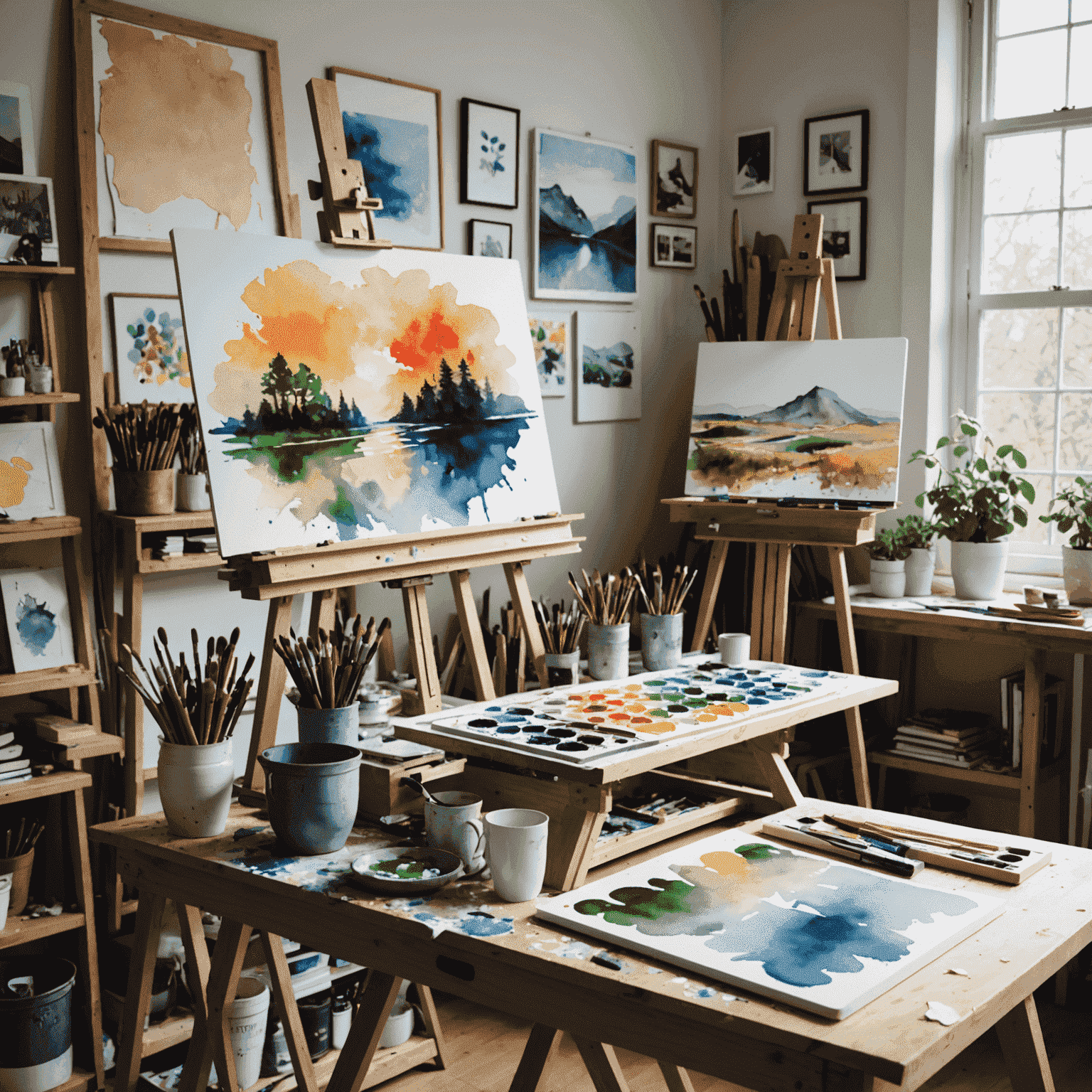 Área de trabajo de los artistas con caballetes, paletas de acuarela y tableros de Blinxit en proceso