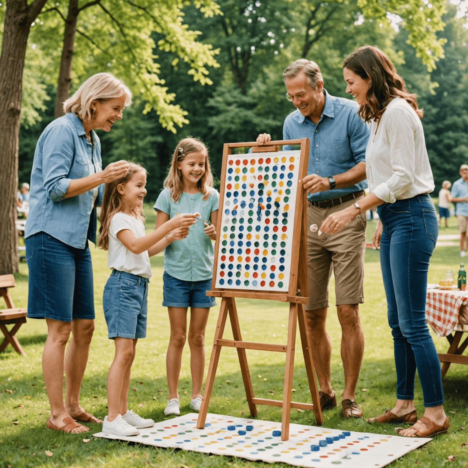 Familia jugando Watercolor Plinko en un picnic al aire libre