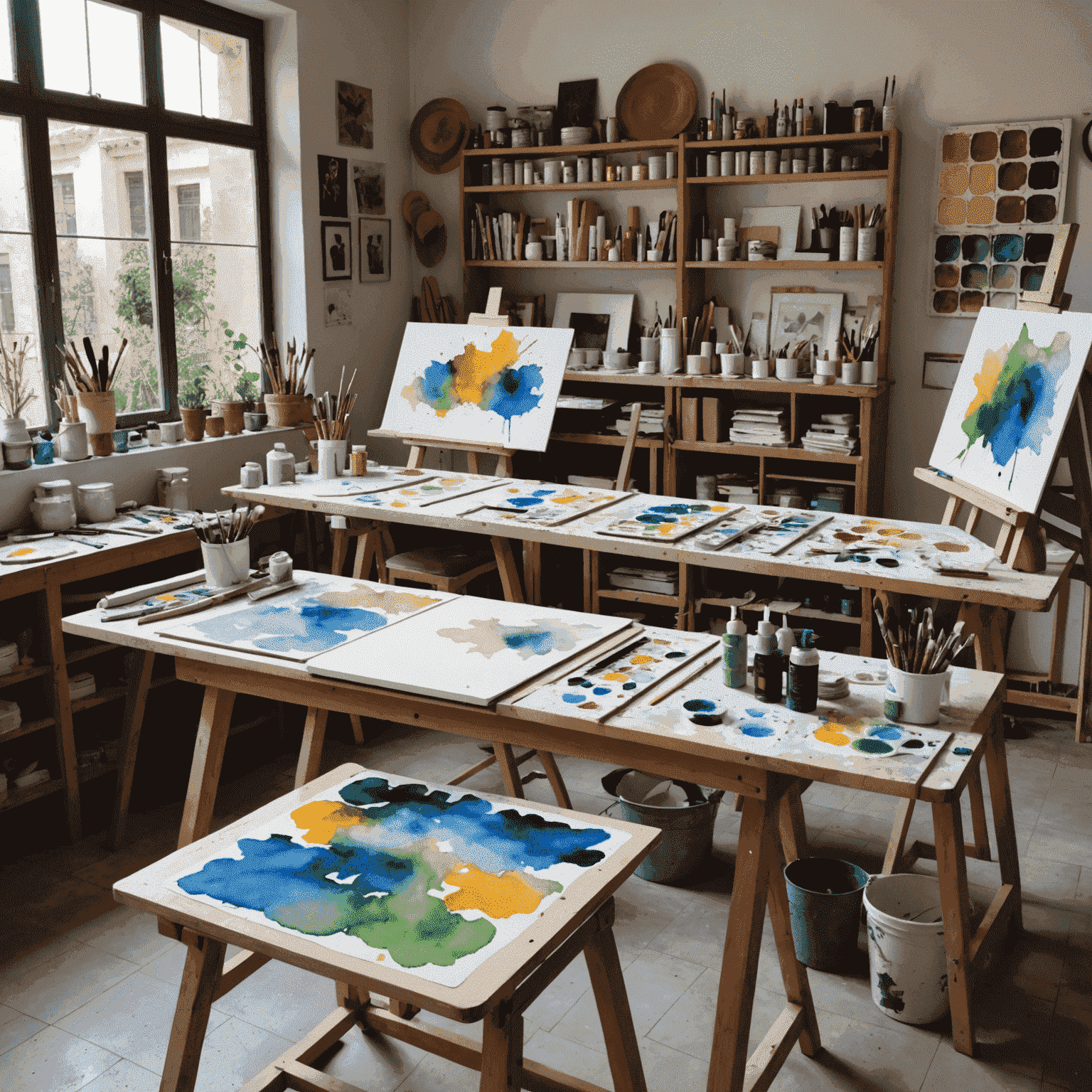 Una imagen del interior de un estudio de arte en España, mostrando mesas de trabajo con tableros de Blinxit en proceso, pinceles y paletas de acuarela