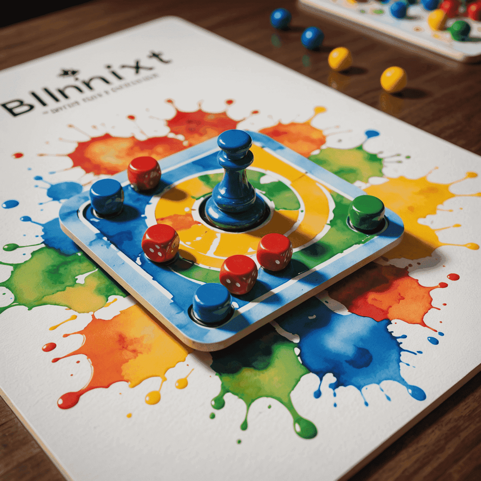 Ficha de Blinxit cayendo a través del tablero, con efectos de movimiento que muestran cómo interactúa con el diseño de acuarela