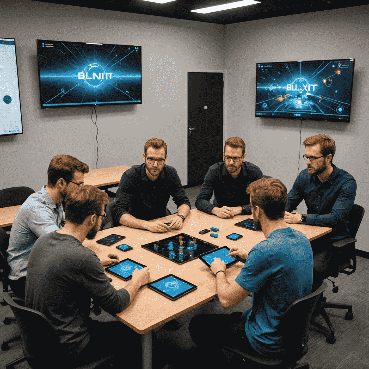 Zona de pruebas de juegos con un grupo de diseñadores jugando un prototipo de Blinxit