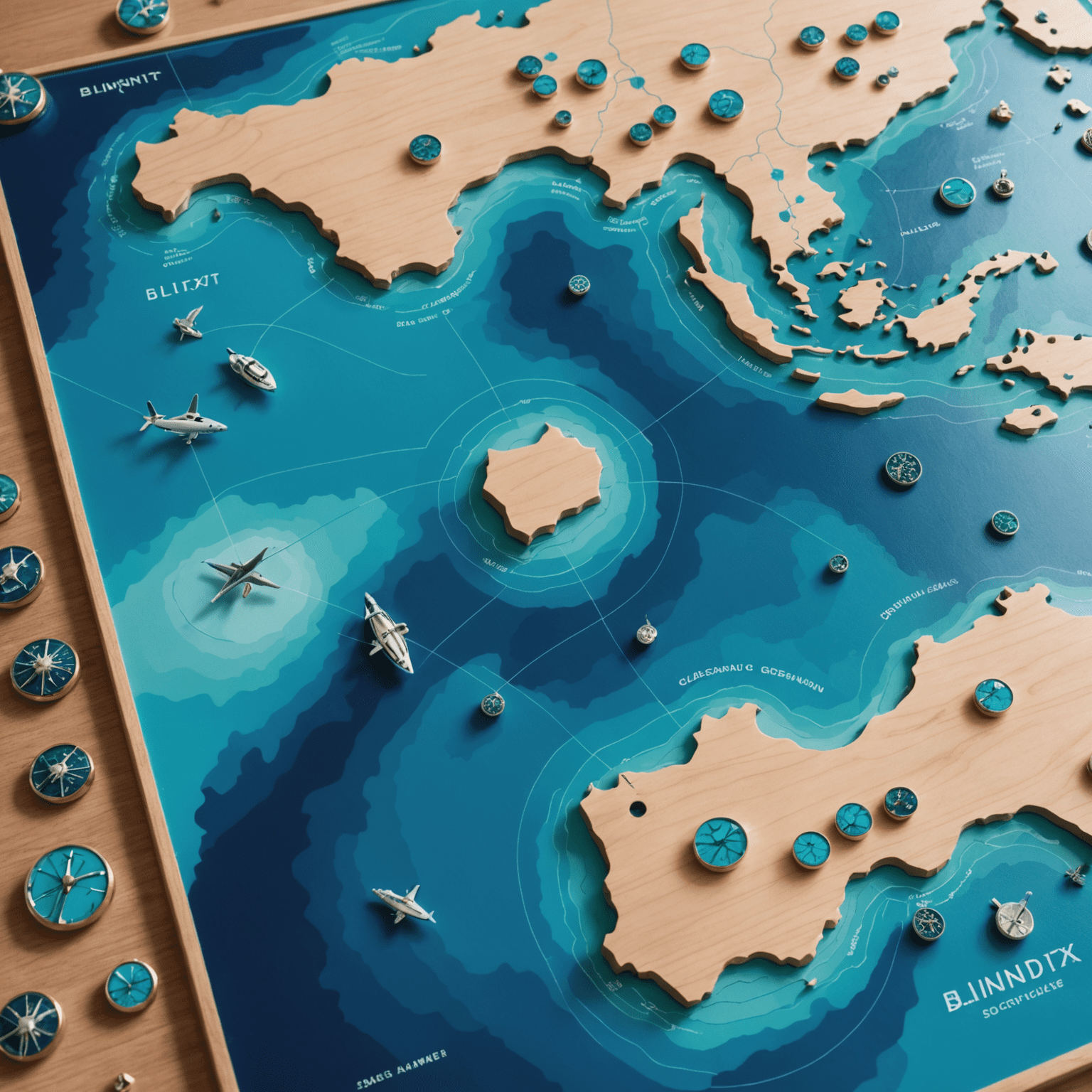 Tablero de Blinxit edición 'Mar Mediterráneo', que muestra una vista aérea del mar con diferentes tonos de azul y turquesa. Los pines representan islas y los canales las corrientes marinas.
