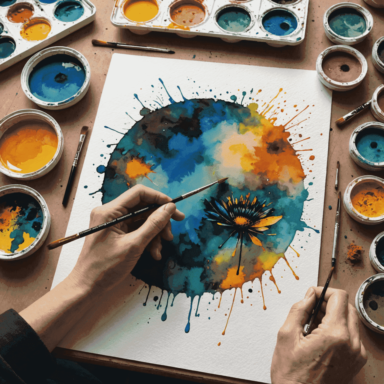 Artista trabajando en un detalle de acuarela para un nuevo tablero de Blinxit, con una variedad de pinceles y pigmentos a su alrededor