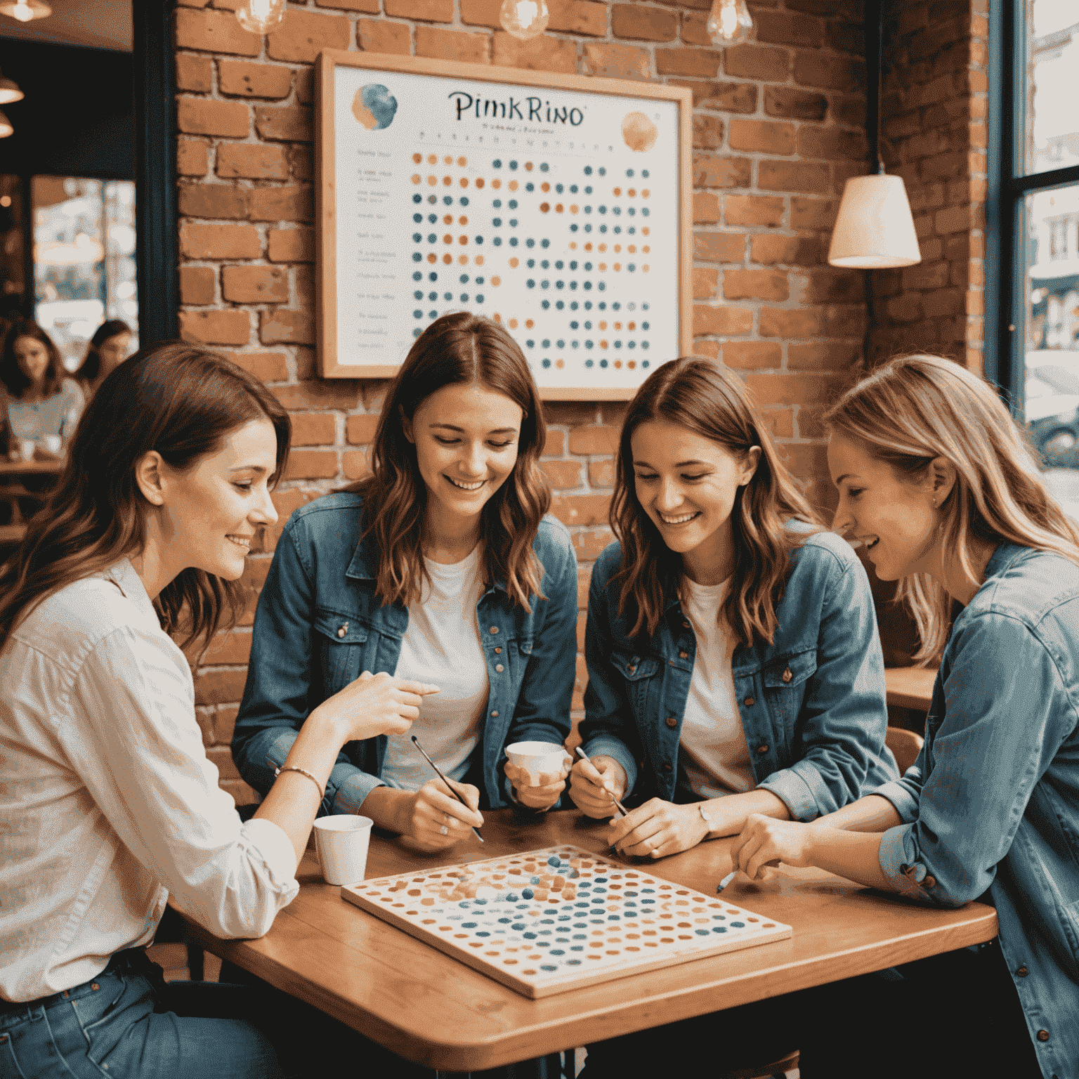 Grupo de amigos jugando Watercolor Plinko en una cafetería
