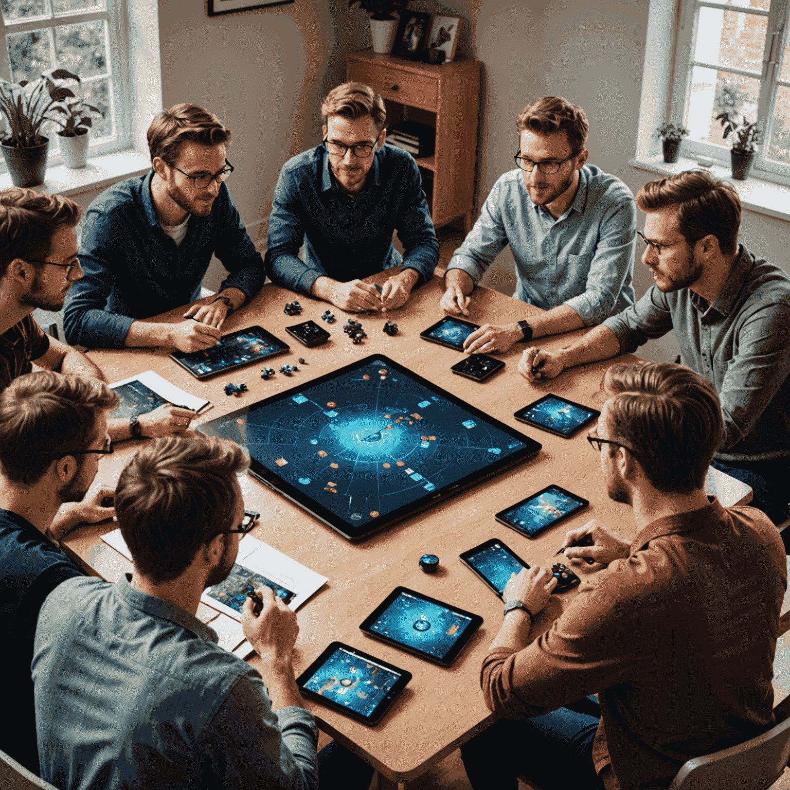 Equipo de Blinxit reunido alrededor de una mesa, discutiendo animadamente sobre un nuevo diseño de juego