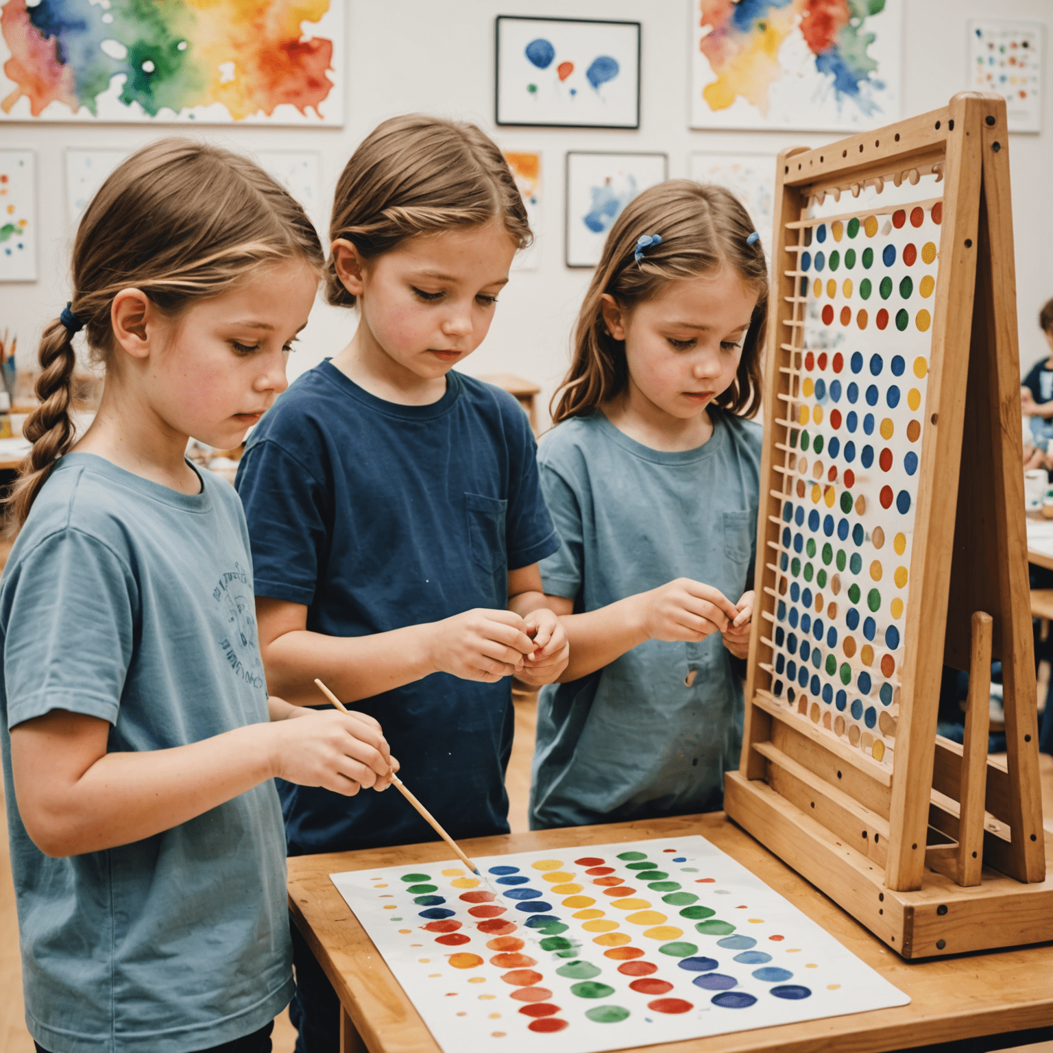 Niños jugando Watercolor Plinko en una clase de arte